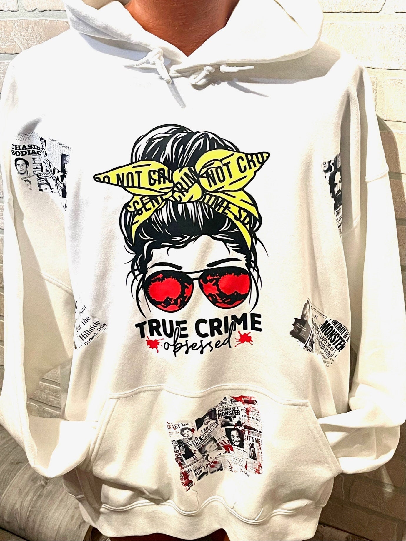 True Crime Obsessed hoodie (white) messy bun serial killer news clipping design