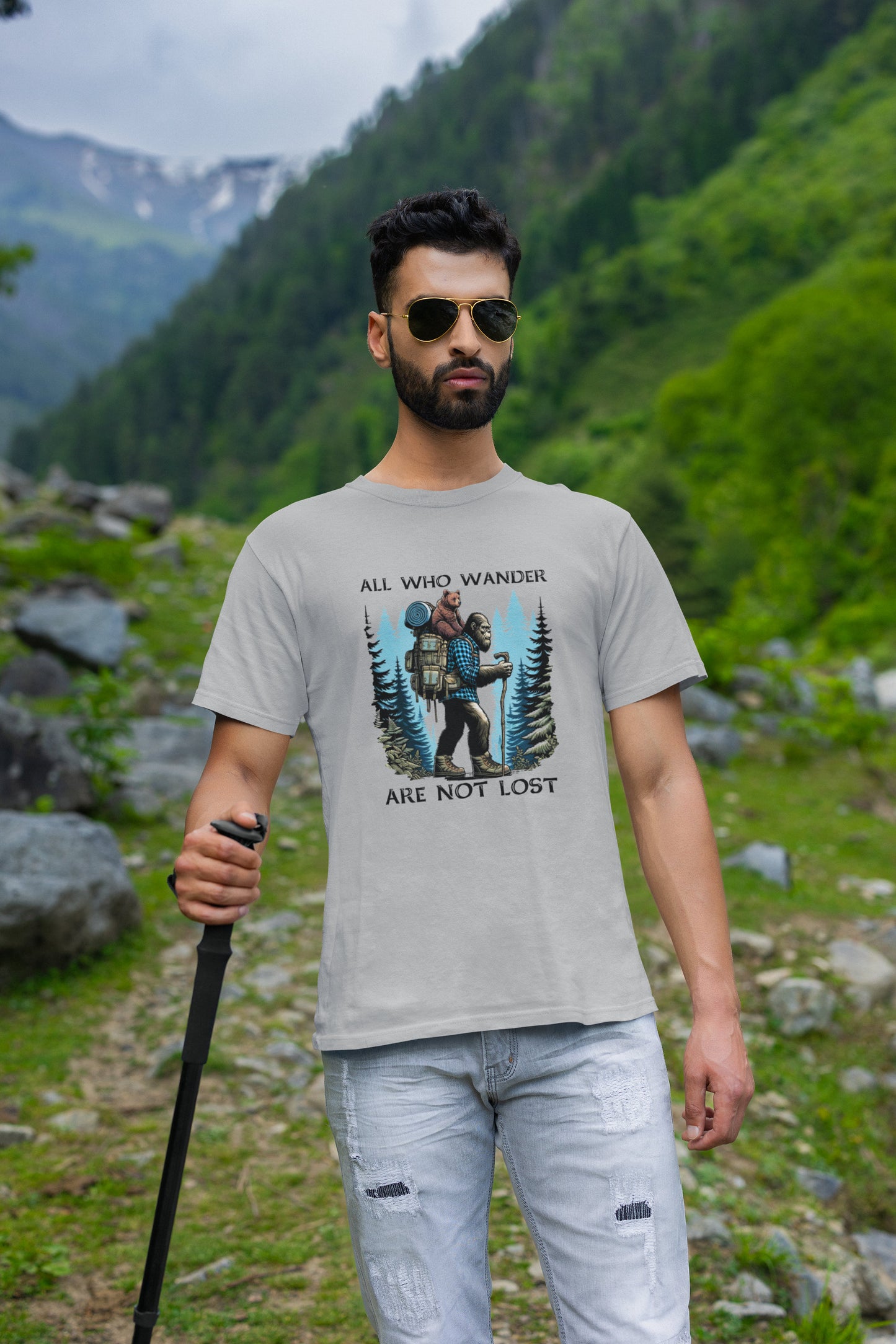 All who wander are not lost - hiking Bigfoot and bear cub t-shirt (grey)