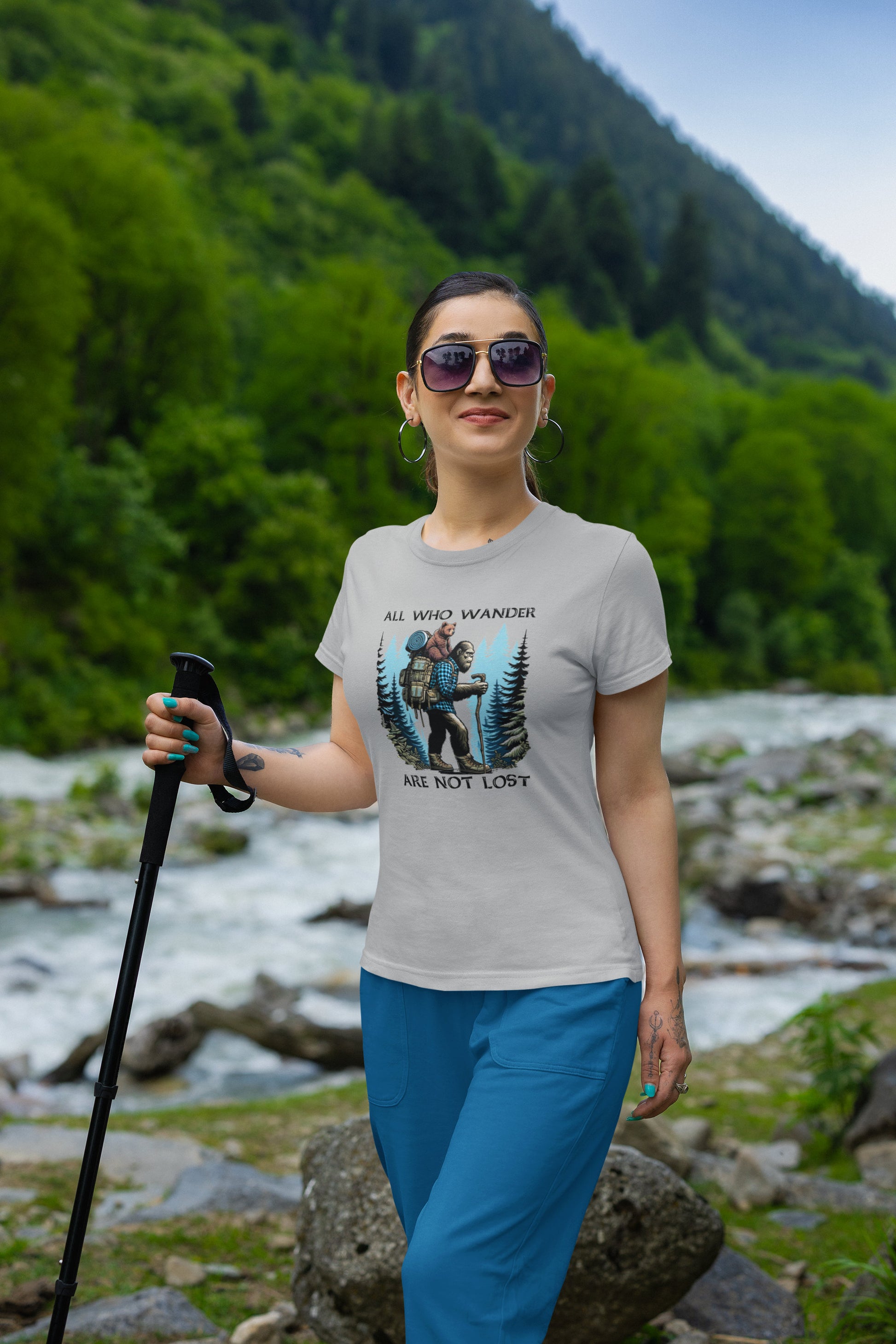 All who wander are not lost - hiking Bigfoot and bear cub t-shirt (grey)